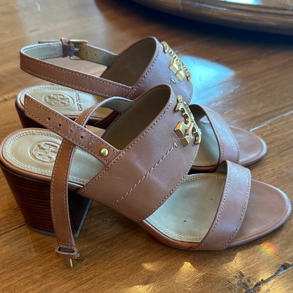 Tory Burch Tan Leather Block Heel Sandals